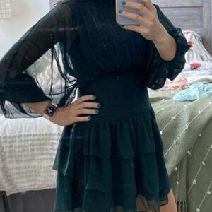 Express Mock Neck Long Sleeve Pleated Waist Tiered Ruffle Mini Dress